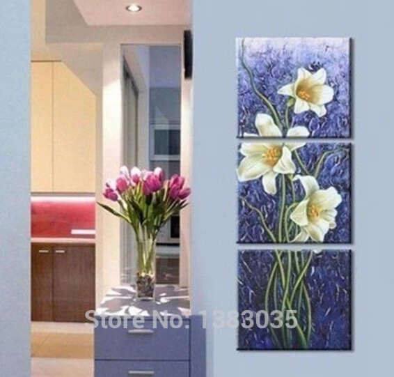 Hand Painted Canvas Art White Flowers Oil Painting Modern Abstract 3 Piece Wall Decors Picture Set For Living Room | Дом и сад