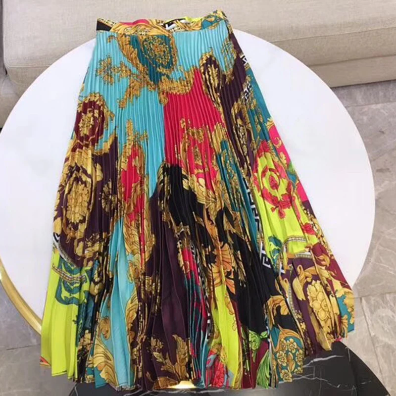 

Elegant Long Skirt For Women Office Ladies Print A-line Skirt 2019 Fashion High Waist Skirts Female