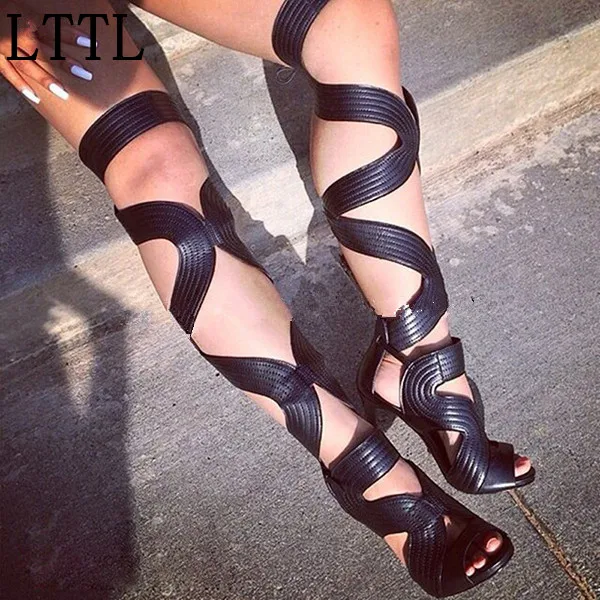 black strappy thigh high sandals