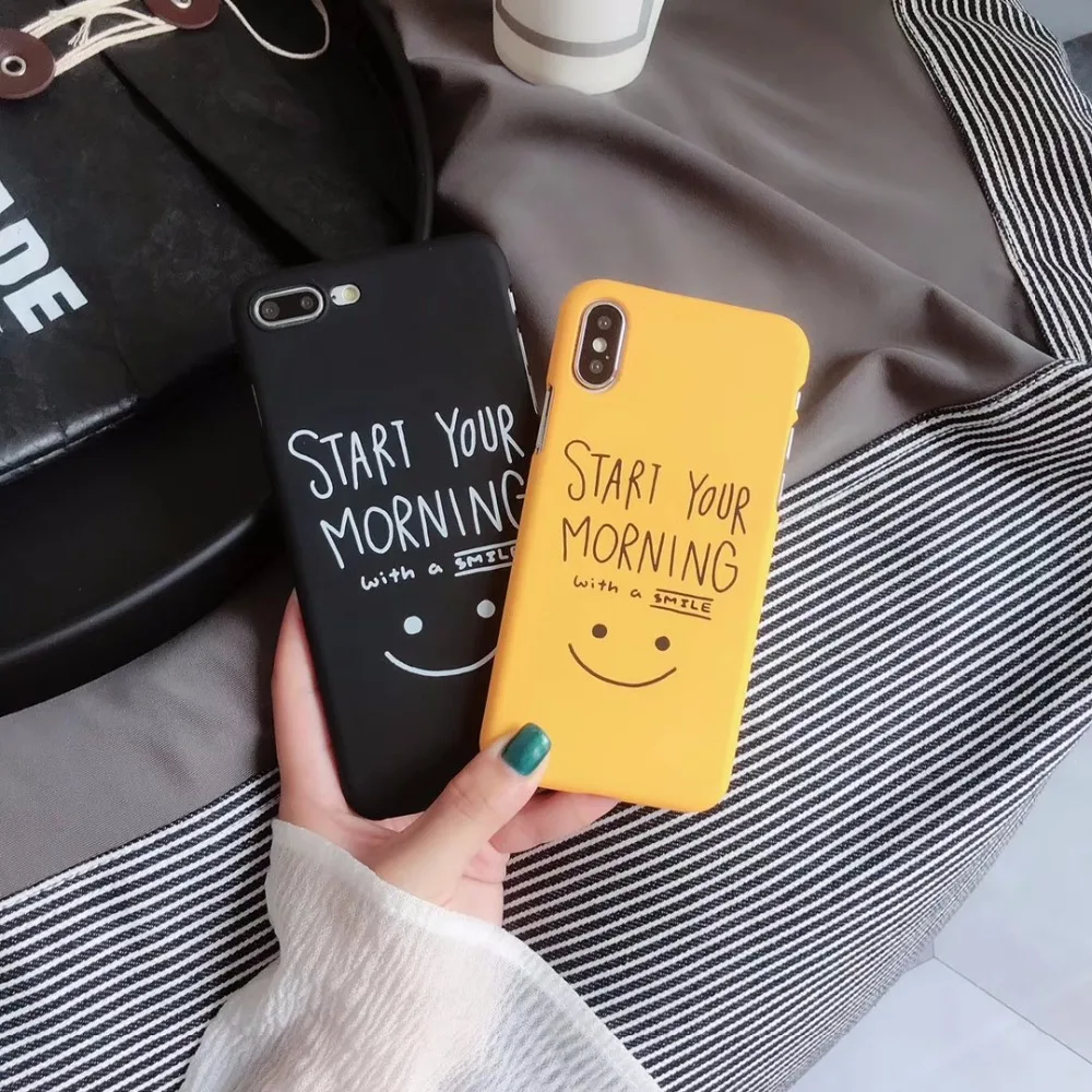 New Coque Cute Simple English smiley face Frosted half-pack hard shell Phone case Cover For iPhone X 6 6s 7 8plus Capa fundas