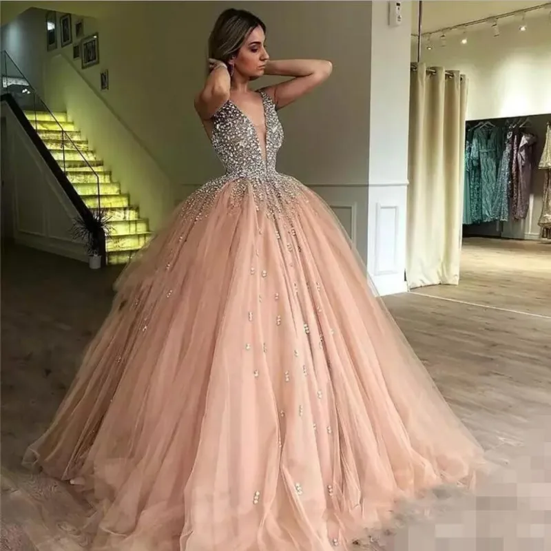 

2019 Gorgeous Crystals Evening Dresses A Line Prom Dresses Sexy V Neck Sequined Long Tulle Pageant Party Gown Robe De Mariee