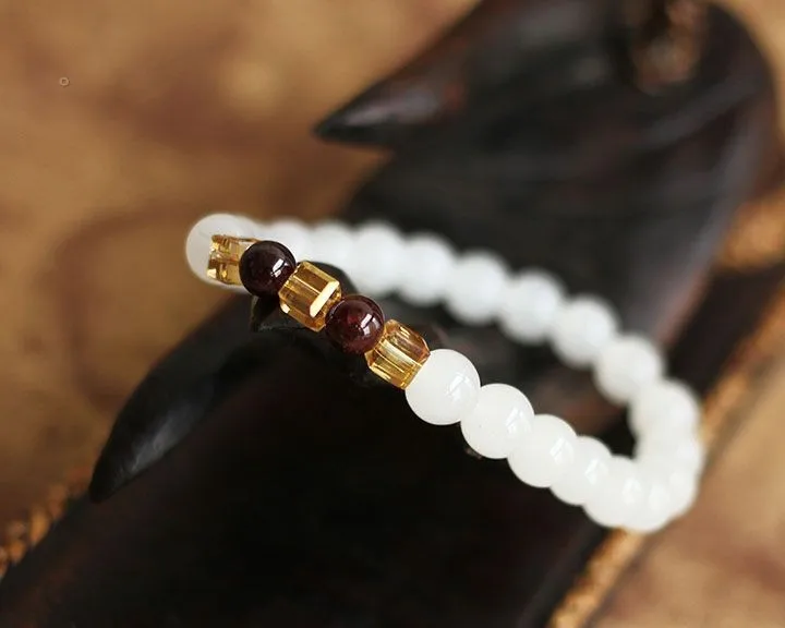 Браслеты и Обручи из натурального белого халцедона с гранатом 7 мм|bracelet fashion|bracelet