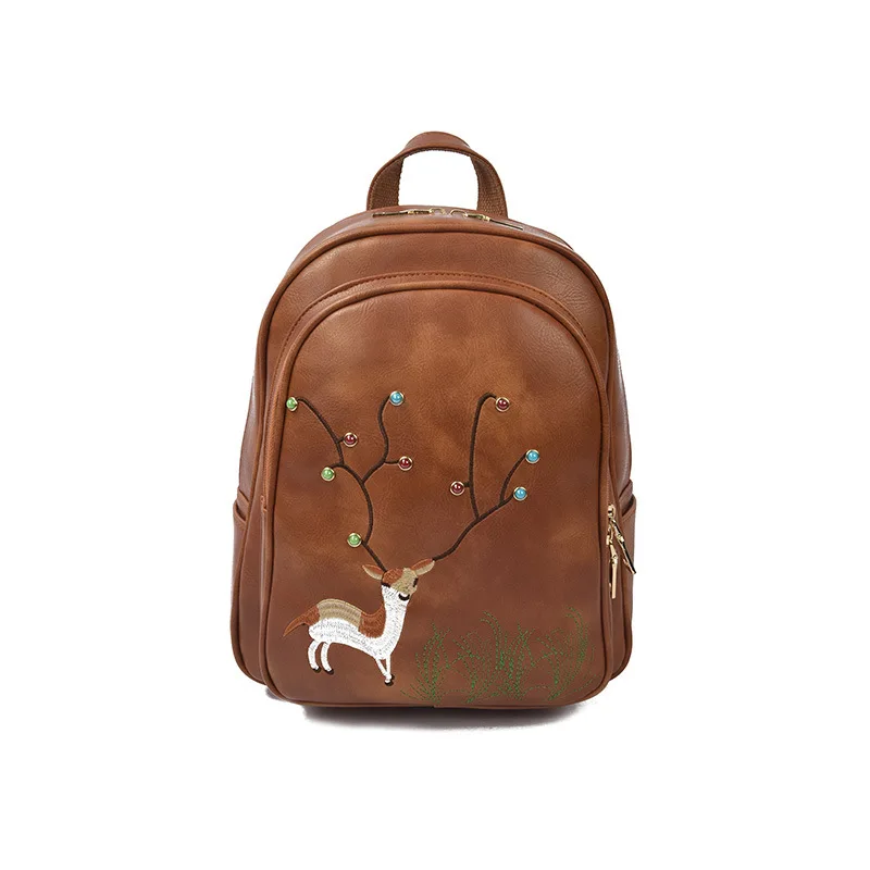 Fashion Cute Animal Deer PU Leather Backpack Women Beading Embroidery