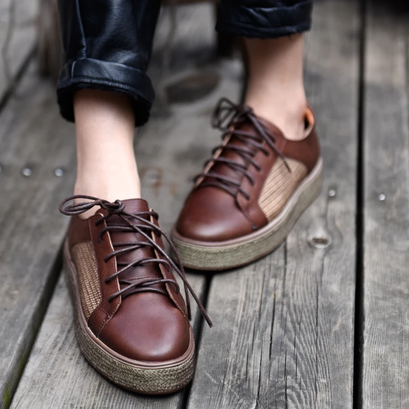 Lace Appartements Geniune Casual Marron Artmu Vulcaniser Chaussures Main Up Cuir Femmes kaki Nouvelle forme À De Femme La Plate En Confortables YOXqwtA