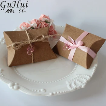

50Pcs Cute Pillow Shape kraft Paper Candy Box With Hemp Silk Ribbon Small Pacifier Pendant Kids Birthday Party Kids Shower Gift