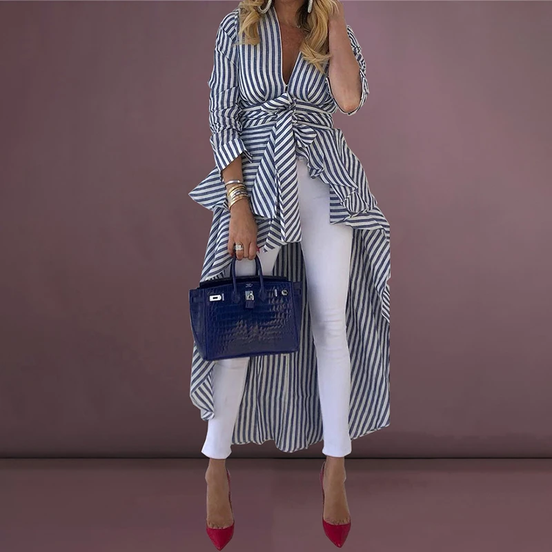 2019 primavera mujer moda elegante Oficina ropa de trabajo asimétrica blusa larga Mujer Casual Top rayado atado frente Dip Hem y camisas| - AliExpress
