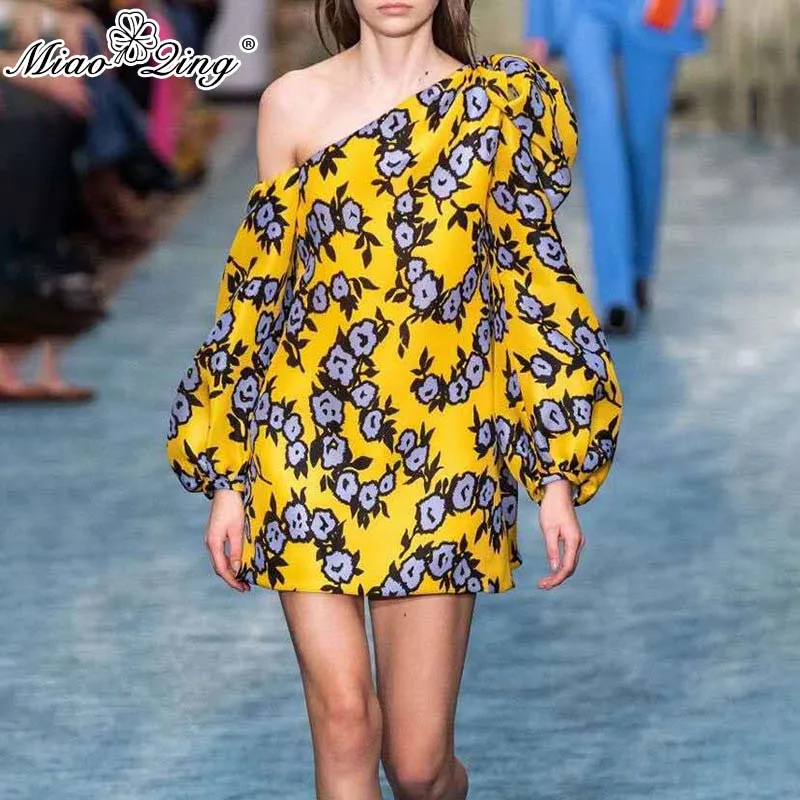 

MIAOQING One Shoulder Print Women Dress Lantern Sleeve High Waist Slim Mini party Dresses For Female Summer 2019 Fashion New