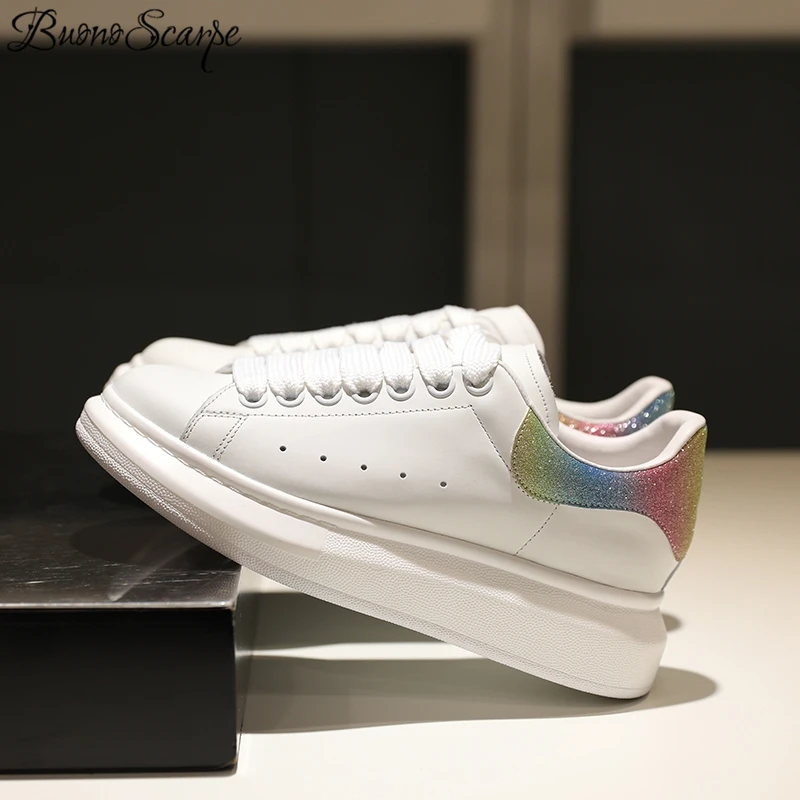 

Buono Scarpe Brand Design Platform Lace White Sneakers Thick Heel Casual Creepers Shoes Genuine Leather Patchwork Women Sneakers
