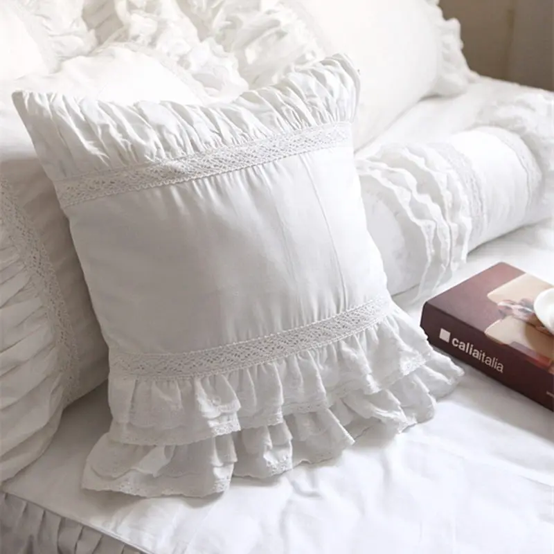 Hot Luxury white lace edge ruffle square pillow case wedding decorative