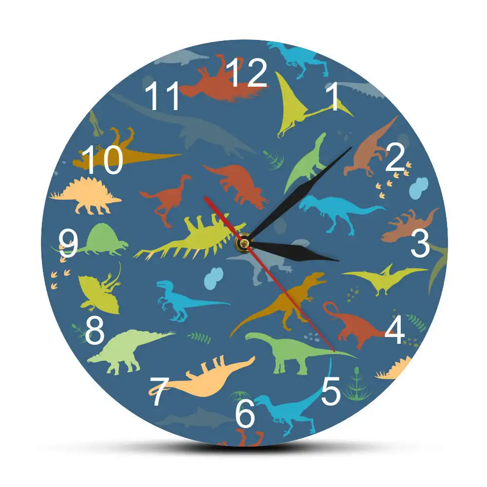 

Colorful Dinosaur With Numbers Personalised Name Modern Wall Clock Jurassic World Dinaosaur Kid Room Boys Dino Clock Wall Watch