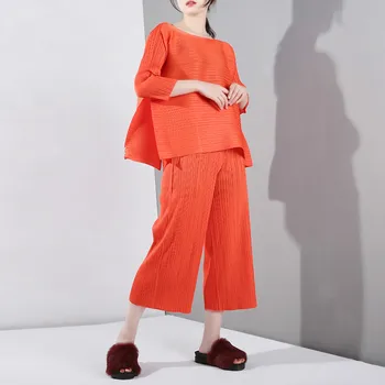 

LANMREM 2020 New Spring Summer Round Neck Three Quarter Sleeve Organge Pleated Wide Leg Pants Two Piece Suit Women Fashion OA97