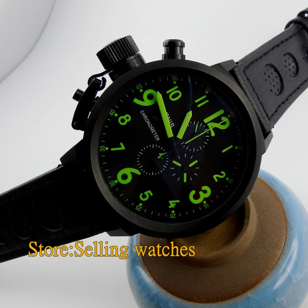 

Parnis 50mm Pvd black dial green number Full chronograph Lefty mens Watch