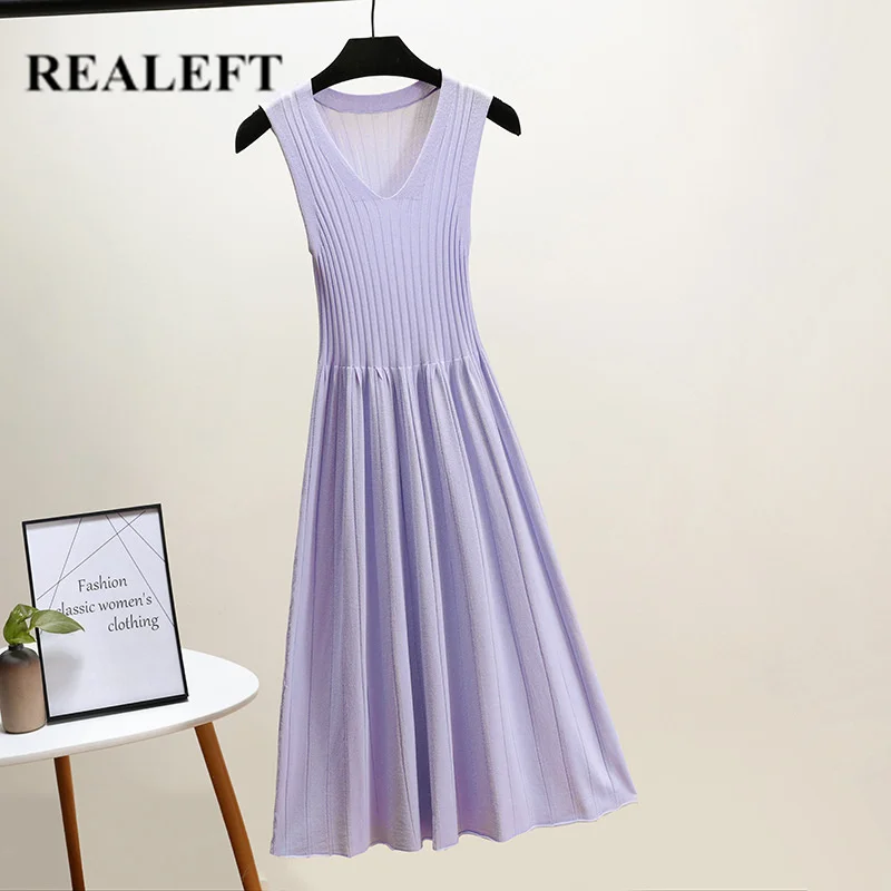 

REALEFT 2019 New Arrival Spring Summer Knitted Tank Long Dresses High Waist V-neck Sleeveless Pleated Dresses for Office Lady