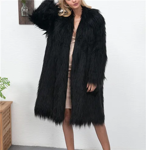 HCYO, женские длинные пальто и куртки, Осень-зима, пальто из искусственного меха, с длинным рукавом, с отворотом, женская верхняя одежда, имитация меха, пальто размера плюс - Цвет: Black