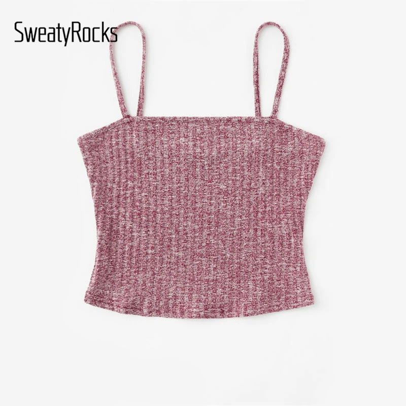 SweatyRocks Rib Knit Marled Cami Top бордовый Повседневный простой женский топ с бретельками Slim Fit Crop Camisole