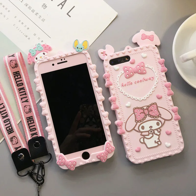 For iphone 7 7plus 3D Melody phone Cases Cover + PInk Tempered Glass Screen Protector for iPhone 8 8plus 6 6S 6sPlus straps |