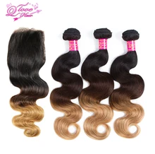 Queen Love Hair Ombre Body Wave Human Hair Bundles With Closure T1B/4/27 Mongolian Non Remy Hair Weave 3 Bundles With Closure