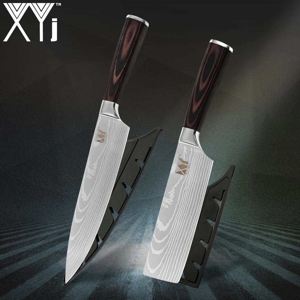 XYj 8" 7" inch Japanese Kitchen Knives Imitation Damascus Pattern Chopping Chef Knife With Knife Cover Stainless Steel Knife Set