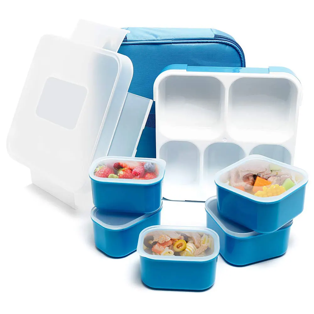 Ланч бокс контейнер для еды еда Bento Коробки для обедов Microwavable герметичные коробка с 5 отдельно изолированный отсек едой преп Еда контейнер для хранения box с мешком - Цвет: Синий