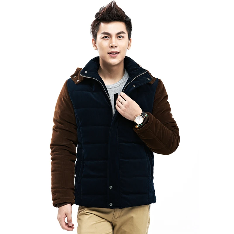 Clearance cheap corduroy jacket men long sleeve detachable cap pull chain flannelette flocking washing cotton