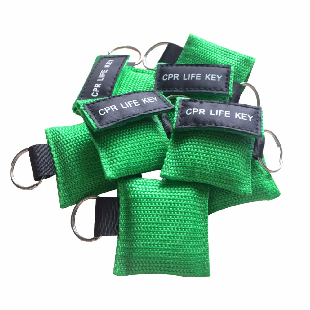 

100Pcs/Lot CPR Resuscitator Mask Emergency CPR Life Key Face Shield With One-way Free Breathing Barriers Green Nylon Pouch Wrap