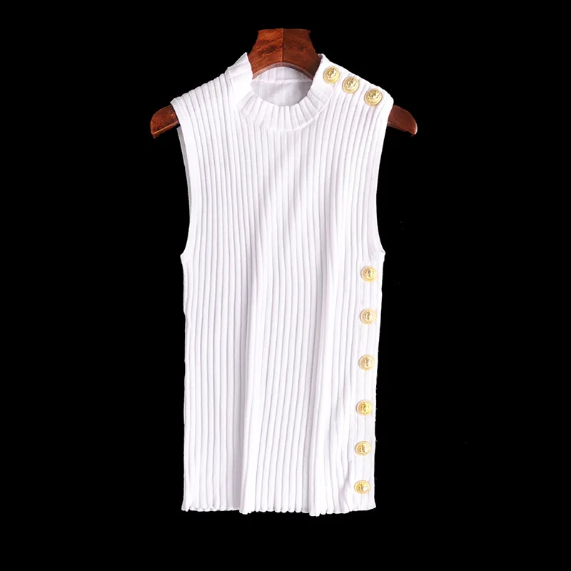 

New autumn 2018 elegant half high collar chic button ornament sleeveless sweater