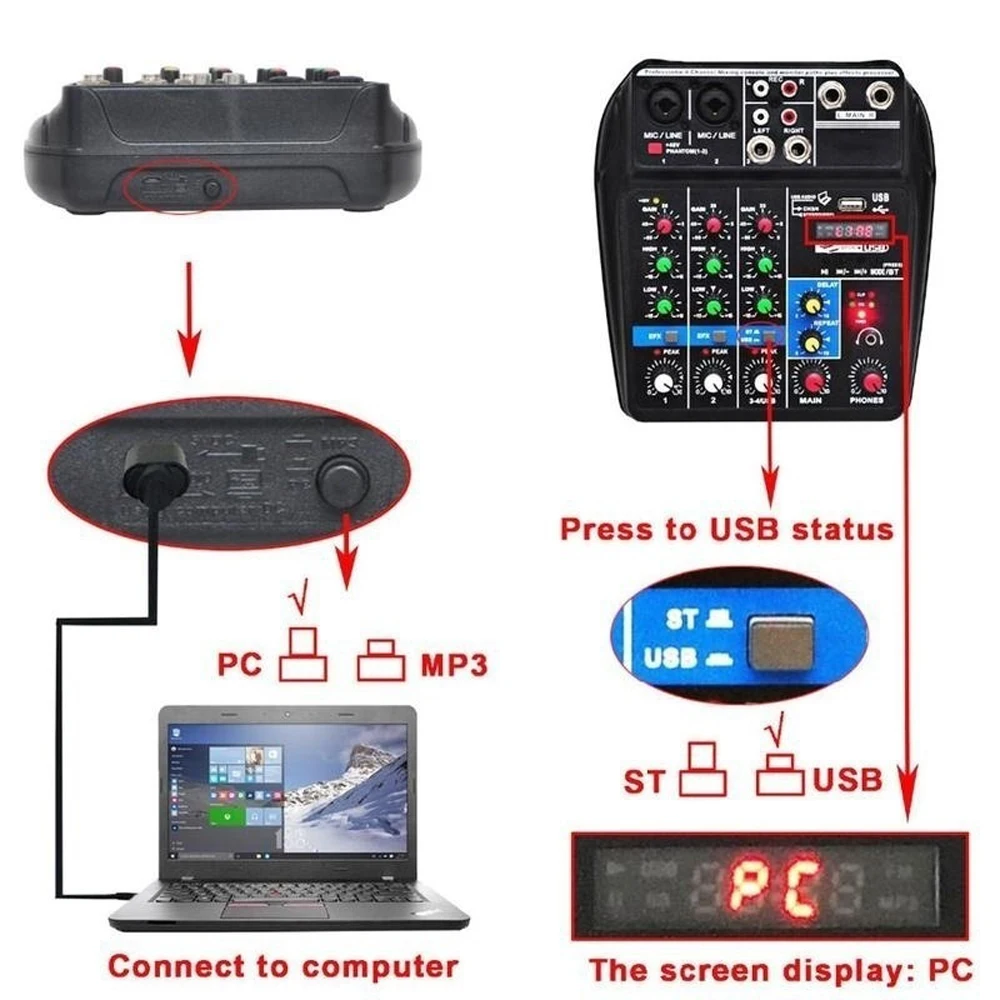 TU04 BT микшерный пульт записи 48 В Phantom power Monitor AUX Paths Plus Effects 4 канала аудио микшер с USB