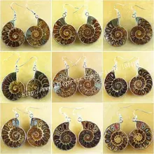 10 пар/лот смешанного металлического завернутый настоящий аммонит ископаемый камень, серьги оптом