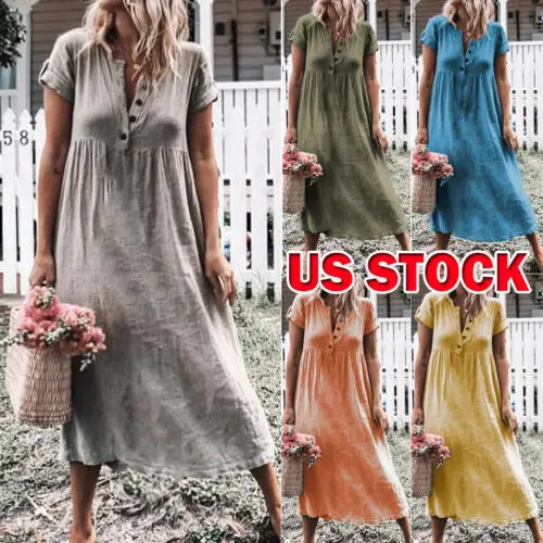 Женское платье-туника Boho длинное платье из хлопка и льна с коротким рукавом