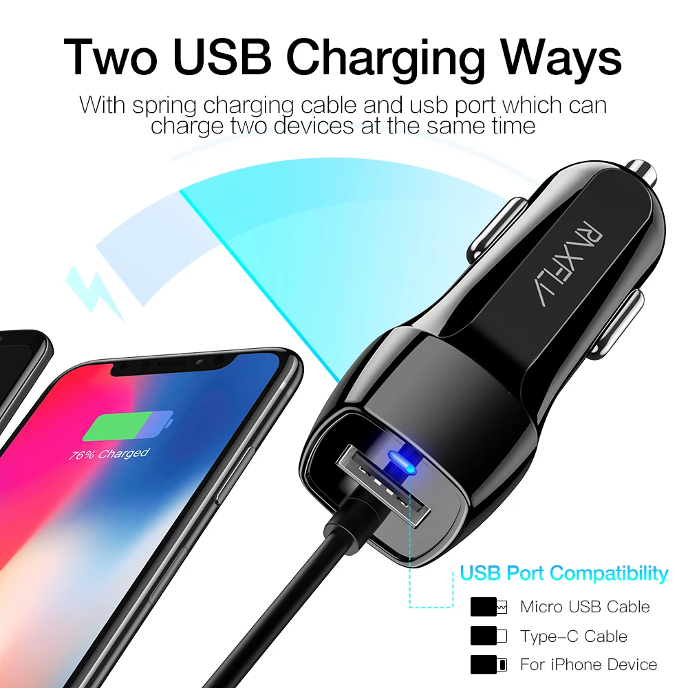 RAXFLY USB سيارة شاحن آيفون X 6 7 8 XS ماكس الهاتف شاحن سيارة المصغّر USB نوع C الإضاءة لسامسونج S10 s9 plus سريع تهمة
