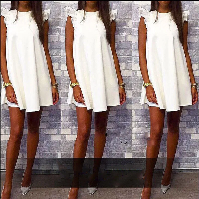 

2019 Women's Summer Boho Ruffled Solid Color Cocktail Party Beach Loose Mini Beach Dress Tunic Sundress Party Dress Vestidos