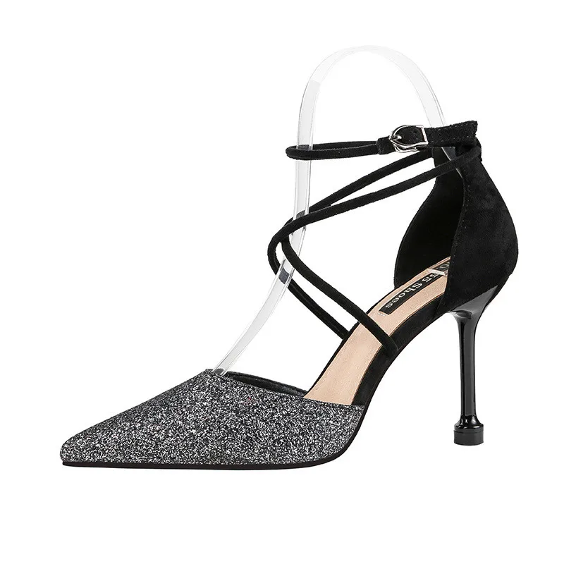 

2019 spring and autumn pointed color matching high heels slim sequins with a word with women's shoes black ljj 0524