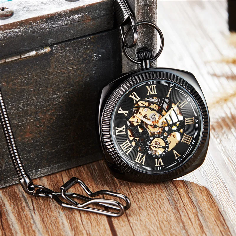 Роскошные красочные многоугольник дизайн механические карманные часы с FOB цепи Скелет стимпанк Рука Ветер Механические Мужские наручные