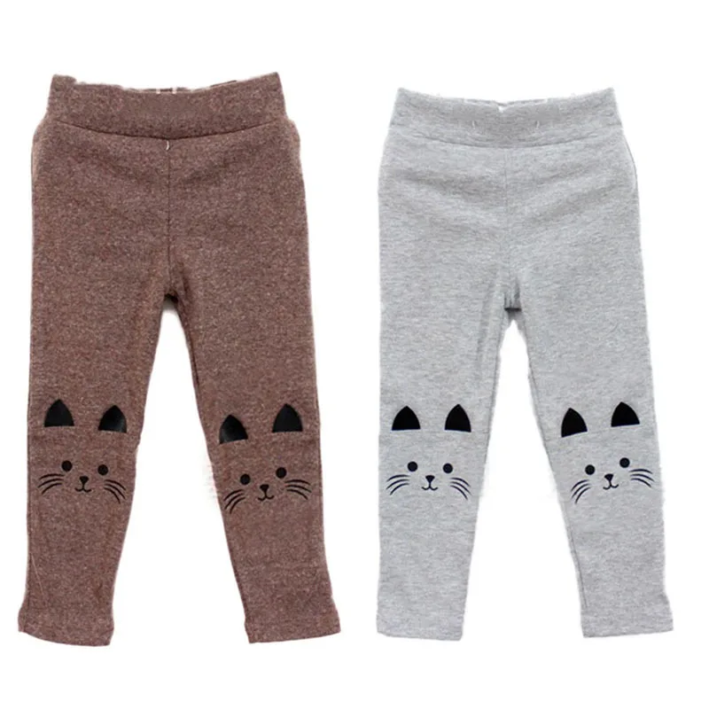 Новые детские осенне-зимние обтягивающие штаны с милым принтом кота для маленьких девочек эластичные теплые штаны с рисунком для малышей