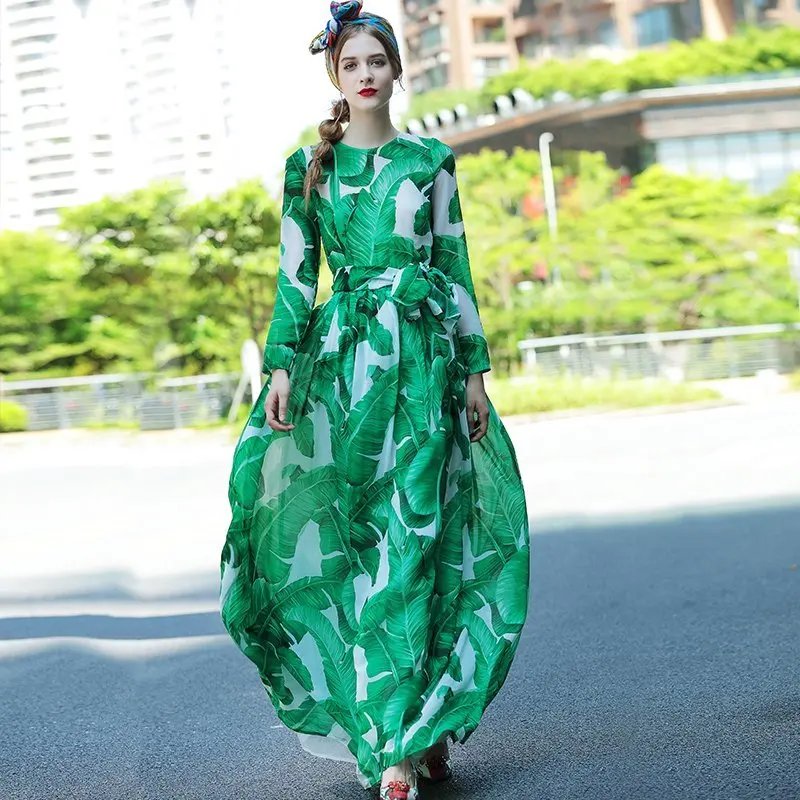 Wholesale Women's Plus Size XXXL Summer Dresses Long Sleeve Green Leaf Printed Runway Long Stunning Cute Dress with Slash HIGH QUALITY Buy Cheap Women's Plus Size XXXL Summer Dresses Long Sleeve Green Leaf Printed Runway Long Stunning Cute Dress with Slash HIGH QUALITY