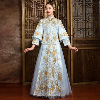 

Oriental Chinese SuZhou Embroidery Cheongsam Women Qipao Tassel Flower Asian Bride Wedding Mesh Dress Gown Han Fu Clothing Suit