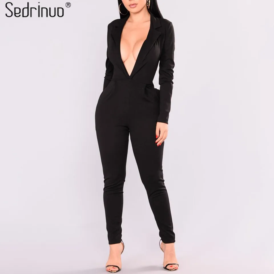 black v neck jumpsuit with sleeves