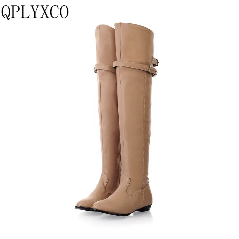 

QPLYXCO 2017 Big size 34-45 women flat boots over knee winter warm equestrian long round toe fashion botas footwear shoes 181