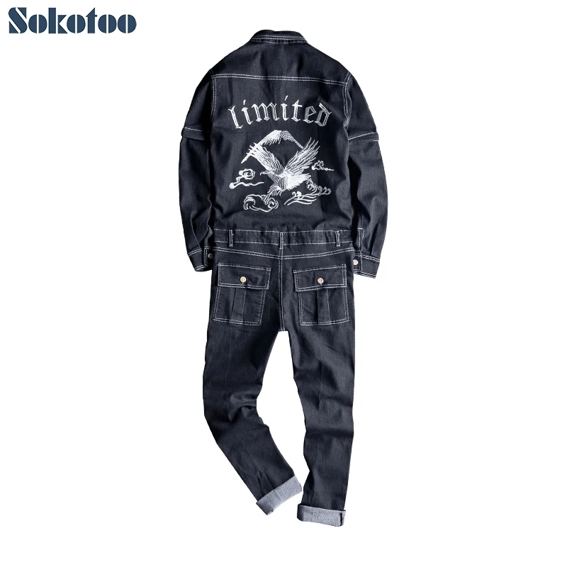 Мужской джинсовый комбинезон с вышивкой Sokotoo, повседневный комбинезон с большими карманами и длинными съемными рукавами из черного денима