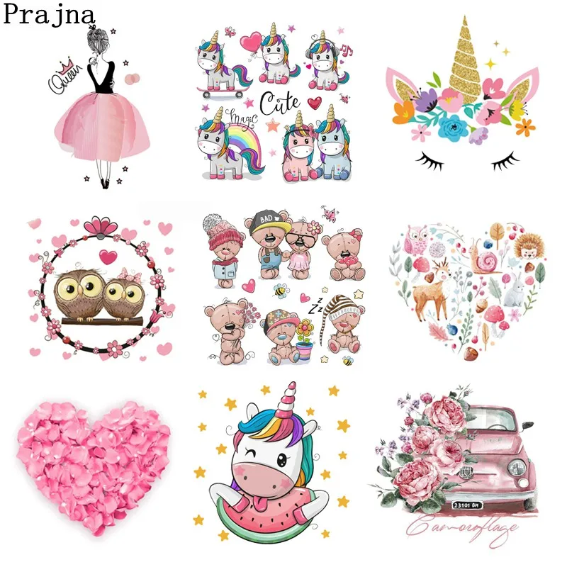 

Prajna Cute Animal Stickers On Clothes Unicorn Patch Skull Love Heart Heat Transfer Patches For Clothing DIY T-shirt Thermal