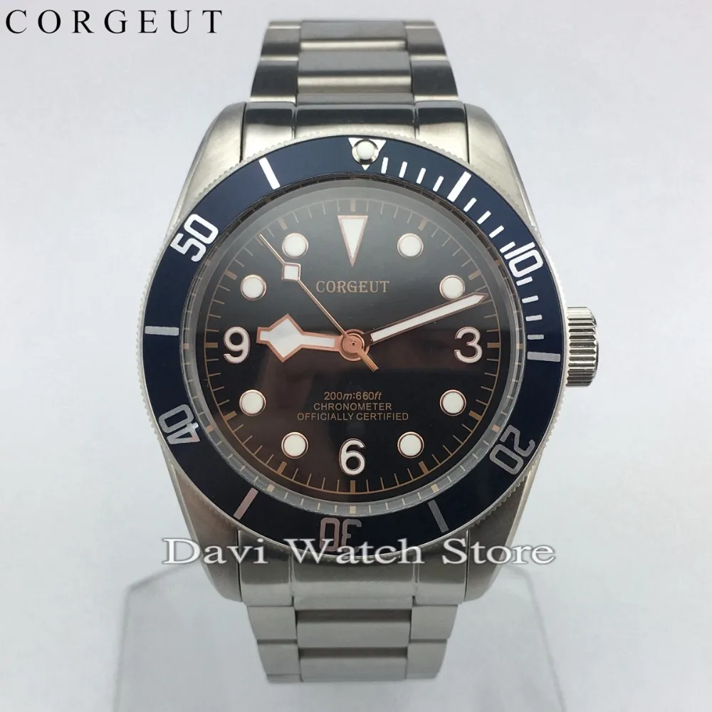 

Corgeut 41mm Stainless Steel Case Blue Bezel Sapphire Glass Automatic Movement Mens Watches