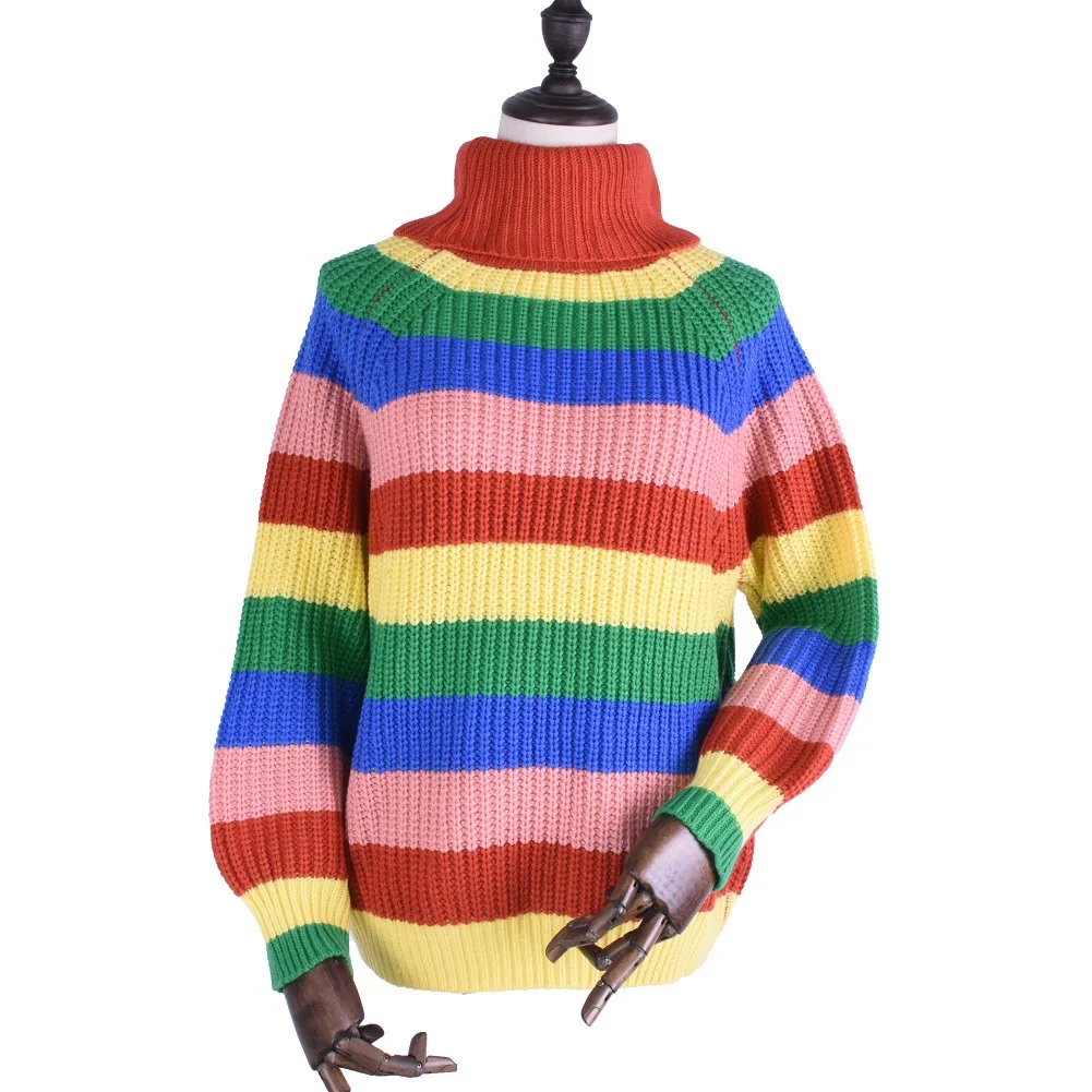 Casual Loose Autumn Winter Turtleneck Sweater Women Oversize Rainbow Striped Knitted Sweaters Warm Long Sleeve Pullover Sweater