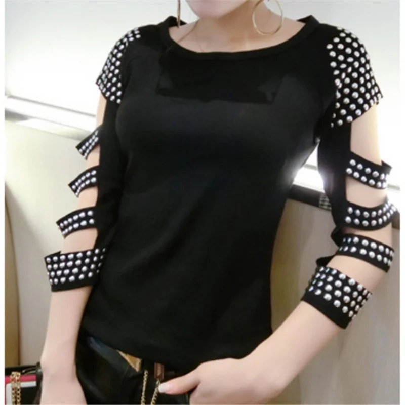 Женская футболка со стразами Poleras De Mujer Moda летняя с полым узором женская черная