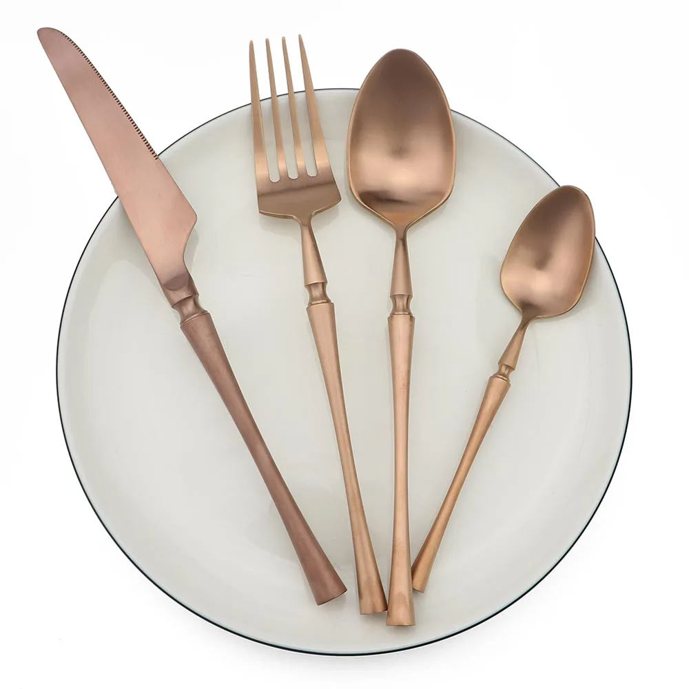 

Spindle Copper Cutlery Set 24-Piece Stainless Steel Western Dinnerware Tableware Set Knife Fork Rose Gold Kitchen Accessories