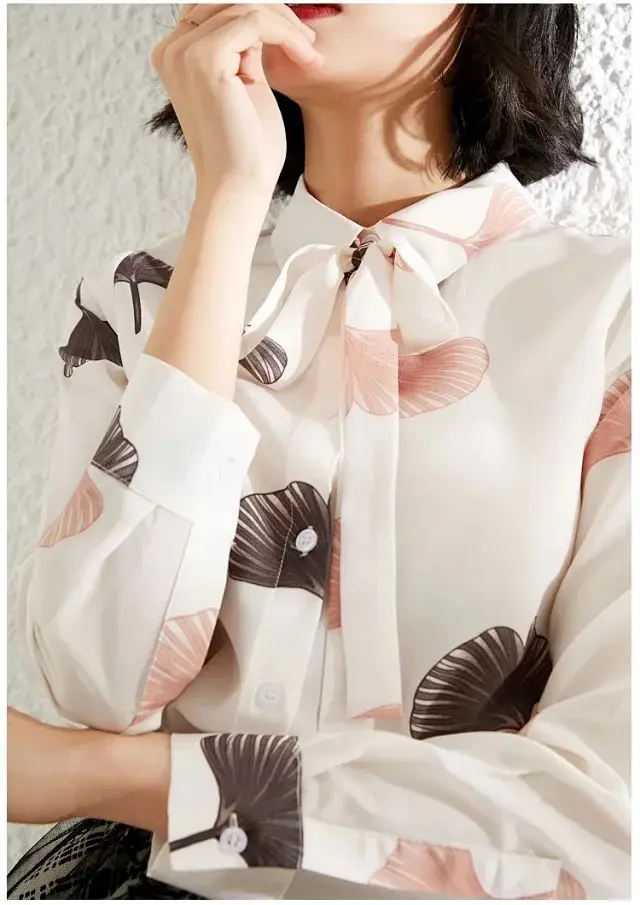 Женская рубашка, новинка, шелковая рубашка с длинным рукавом и принтом листьев гинкго