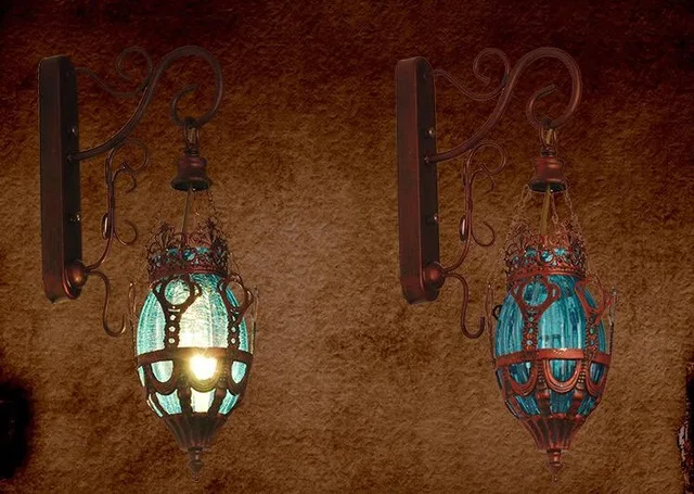 Настенный светильник s лампы промышленные винтажные бра абажур декоративный экзотический цветной стеклянный светильник для спальни современный античный светильник - Цвет абажура: Синий