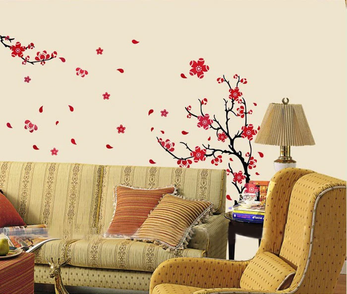 Роскошные сливы цветок стены стикеры Съемный красный цветок Декор китайский стиль наклейки виниловые художественная Фреска
