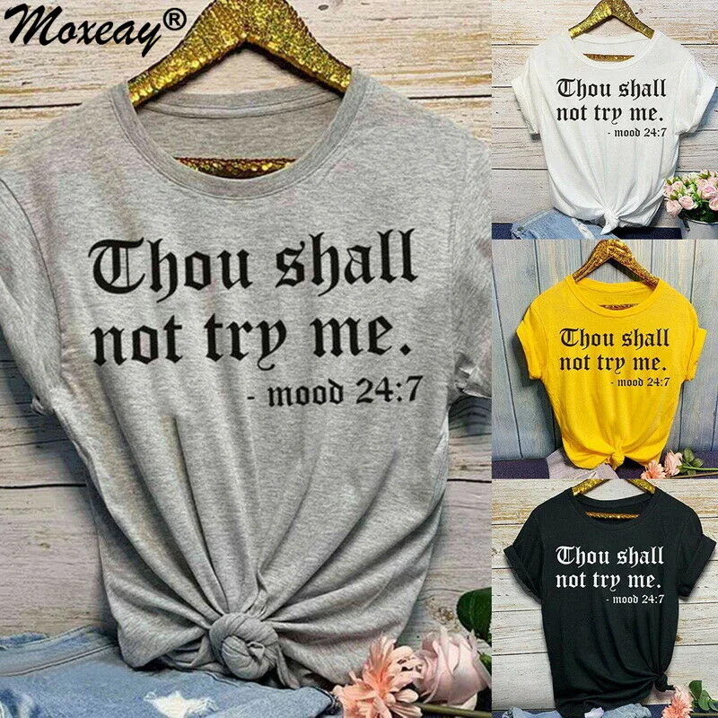 

Moxeay Harajuku Fashion Tee Graphic Tees Women Print Letter Thou Shall Not Try Me Solid Color Short Sleeve Women T-shirt Female