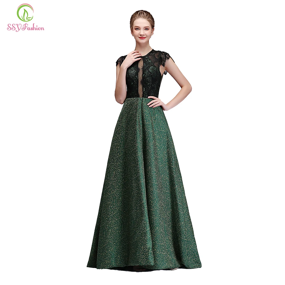 

SSYFashion New Luxury Evening Dress Black with Green Splice Lace Appliques Floor-length Elegant Prom Party Gown Robe De Soiree