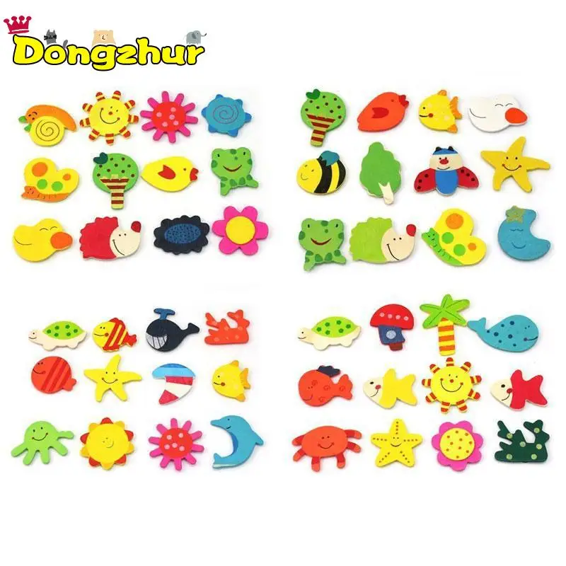 1Pack(12pcs) Wooden Kitchen Fridge Magnet Stickers Decorative Baby Kid Lovely Cartoon Animal Wooden Educational Toy Gifts GF017
